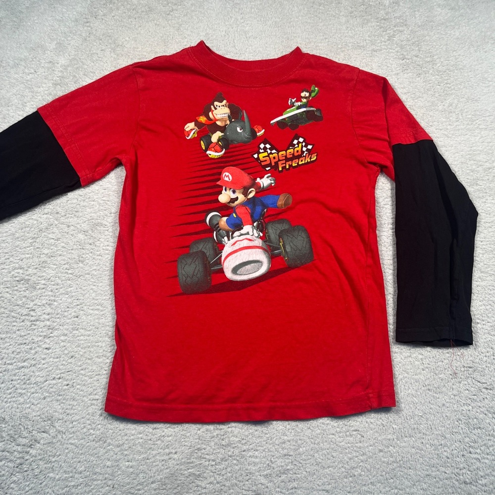 2010 Nintendo Mario Kart Speed Freaks Long‎ Sleeve Graphic Tee Red Black Kids